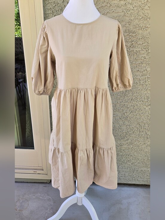 ole by Koton Dresses & Skirts - Ole By Koton Beige Tiered Puff-Sleeve Midi Dress
